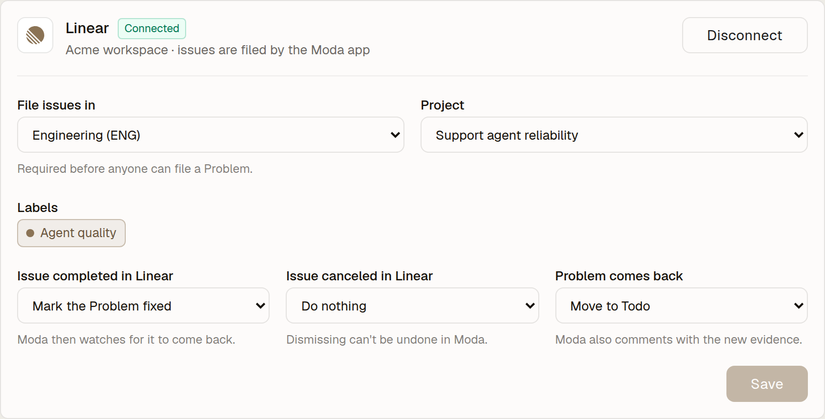 Moda's Linear settings with team, project, and labels, plus controls for completed issues, canceled issues, and Problems that come back.