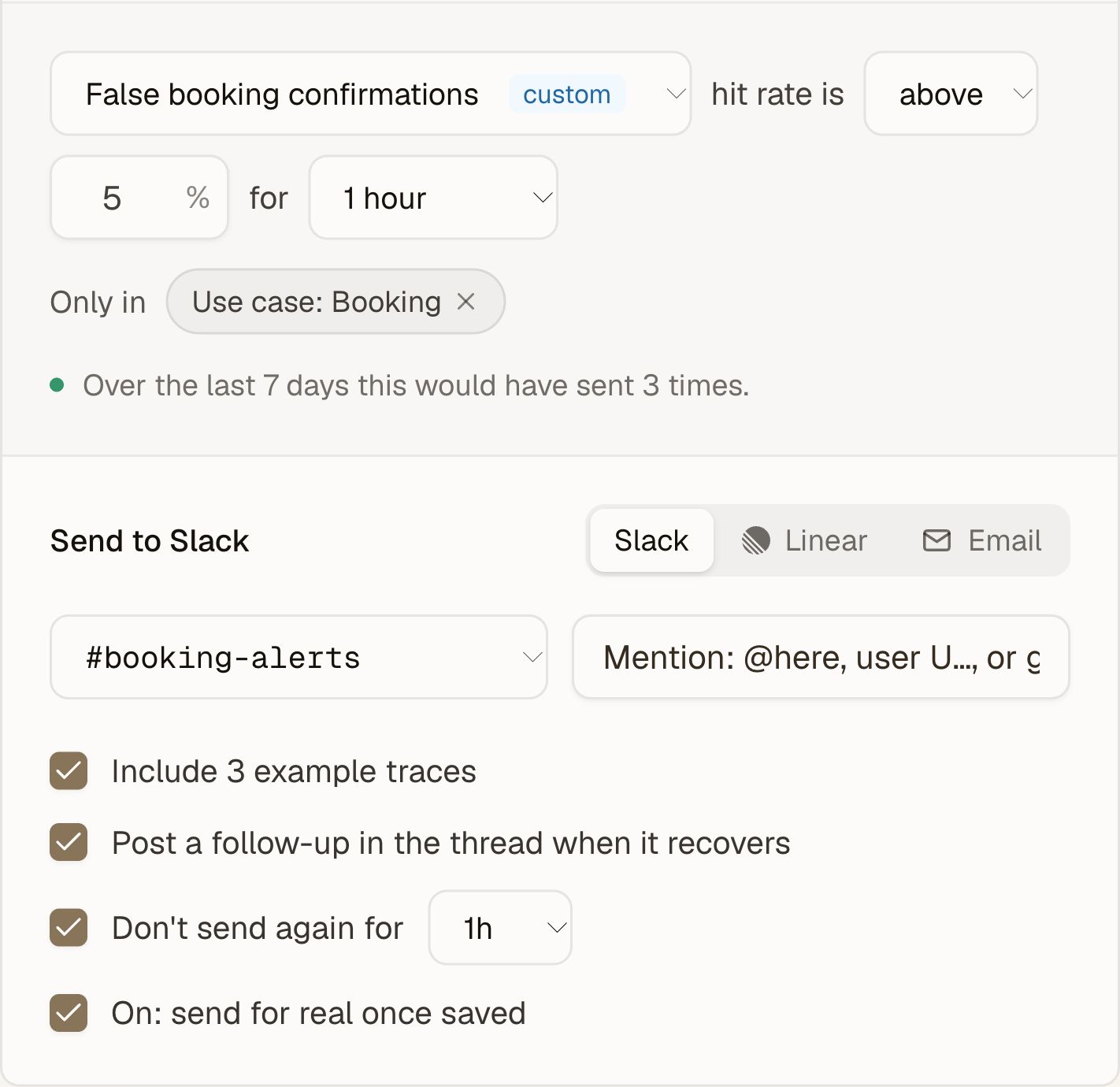 The actual Moda alert controls: a custom booking signal above 5% for one hour, routed to #booking-alerts with a cooldown and example traces.