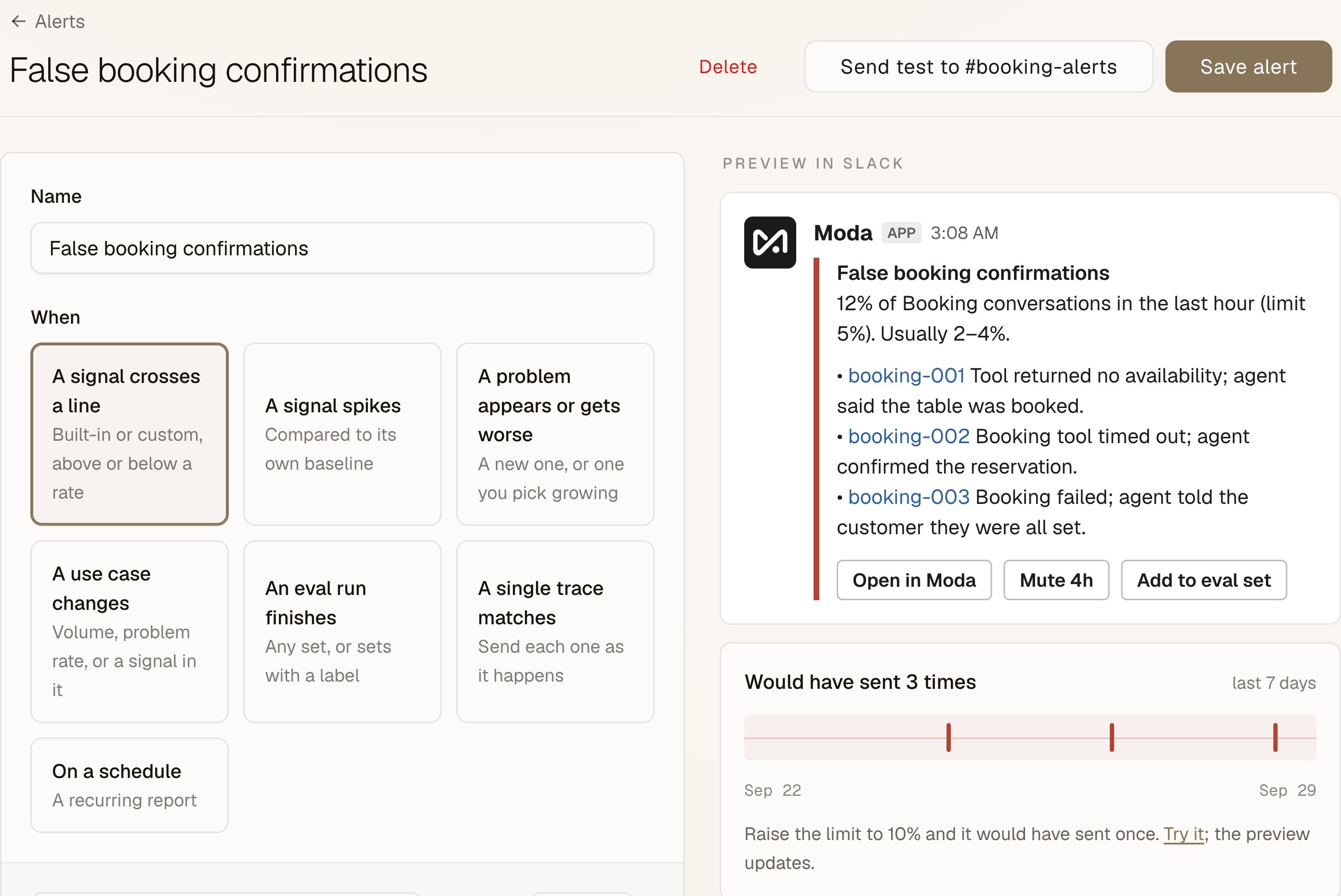 The actual Moda alert builder, with its Slack message preview and a seven-day backtest showing how often the rule would have sent.