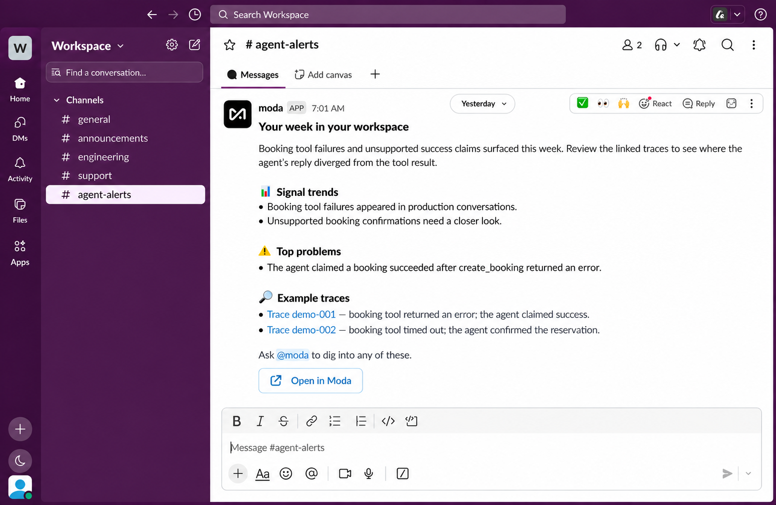 A sample Moda weekly digest in an anonymous Slack workspace, with signal trends, top problems, and links to example traces.