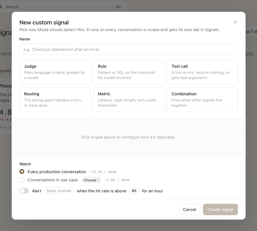The New custom signal dialog, with signal types Judge, Rule, Tool call, Routing, Metric and Combination, a watch scope, and an optional Slack alert.