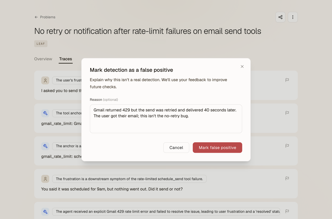 The Mark detection as a false positive dialog open over a sample problem's traces, with a reason filled in.